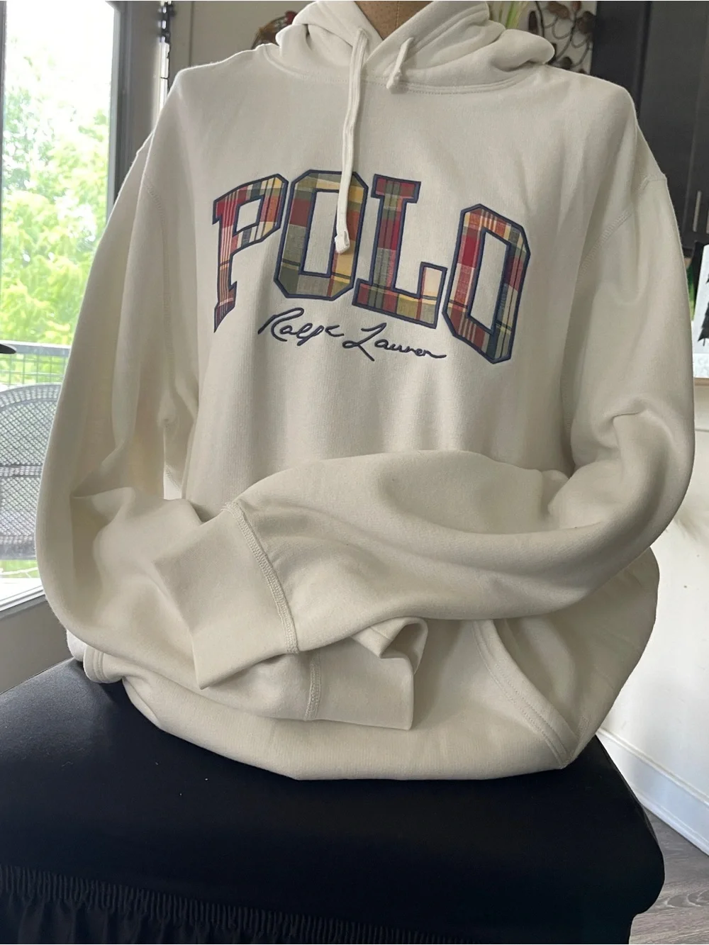 Polo by Ralph Lauren Cream Hoodie with Multicolor Plaid 'POLO' Logo